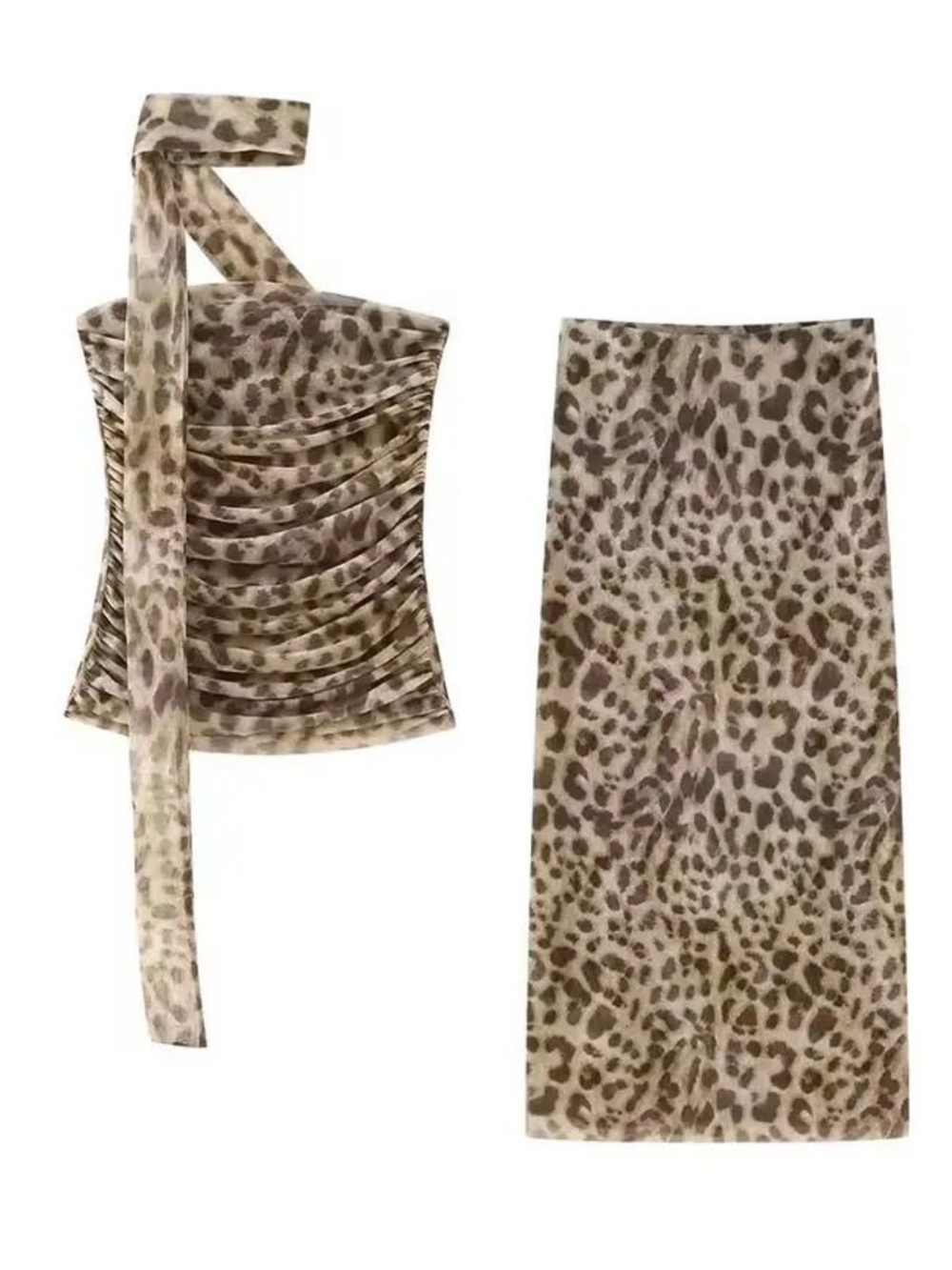 Leopard Print Two-Piece Skirt Set - Taupe Brown